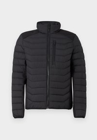 Black insulated jacket with a quilted design, high collar, zippered front, and a chest pocket. Features textured shoulder accents.
