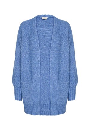 Light blue knit cardigan with long sleeves, open front, and two front pockets. Soft texture and ribbed cuffs and hem. Casual design.