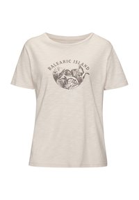 Hellbeige Kurzarm-T-Shirt mit runder Ausschnitt, das ein grafisches Design mit dem Text "BALEARISCHE INSEL" und Blättern in Dunkelgrau zeigt.
