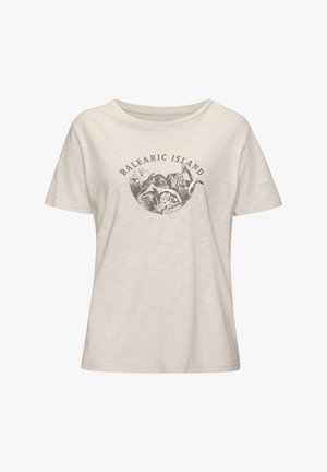 T-shirt beige chiaro a maniche corte con scollo rotondo, caratterizzato da un design grafico con la scritta "BALEARIC ISLAND" e fogliame in grigio scuro.