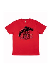 Red cotton t-shirt featuring a large graphic of a muscular figure and the text "RED HULK," with a distressed texture and black accents.