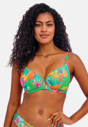 Bloemrijke bikini-top in levendig groen, met roze en oranje tropische patronen. Zacht materiaal, onderwiredsteuning en verstelbare bandjes.