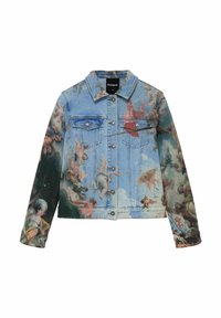 Veste en denim avec un imprimé baroque coloré, dotée d'un col classique, d'une fermeture à boutons et de poches avant. Tissu texturé.