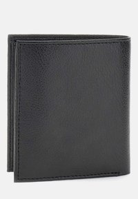 Portefeuille en cuir noir avec une texture lisse, design plié et couture visible le long des bords. Forme compacte pour un transport facile.