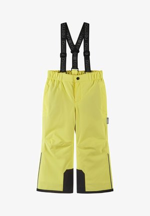 Pantaloni impermeabili gialli con dettagli neri, bretelle regolabili, cintura elastica e due tasche laterali. Tessuto liscio e resistente.