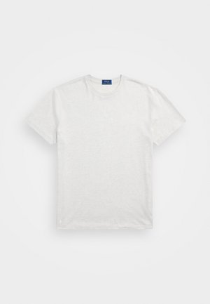 Light gray cotton t-shirt with a crew neck, short sleeves, and a subtle logo detail on the chest, featuring a classic, casual fit.