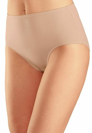 Beige Unterwäsche mit hoher Taille aus weichem Stoff, die eine glatte Textur und zarte, gewellte Ränder für mehr Komfort bietet.