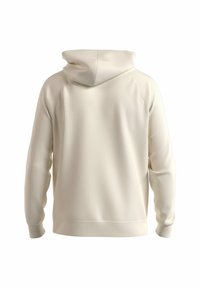 Cremefarbener Hoodie mit glatter Textur, ausgestattet mit einer Kapuze, Raglanärmeln und einem gerippten Saum, von hinten betrachtet.