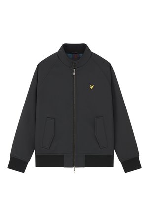 Chaqueta bomber negra con cremallera frontal, puños acanalados y dos bolsillos delanteros. Presenta un logo tonal en el pecho y un forro de cuadros en contrasta.