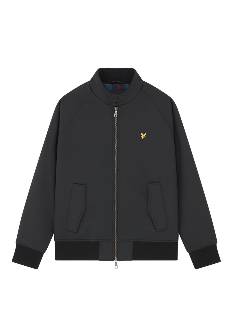 Black bomber jacket with a zip front, ribbed cuffs, and two front pockets. Features a tonal logo on the chest and a contrasting plaid lining.