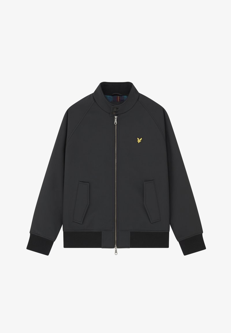 Black bomber jacket with a zip front, ribbed cuffs, and two front pockets. Features a tonal logo on the chest and a contrasting plaid lining.