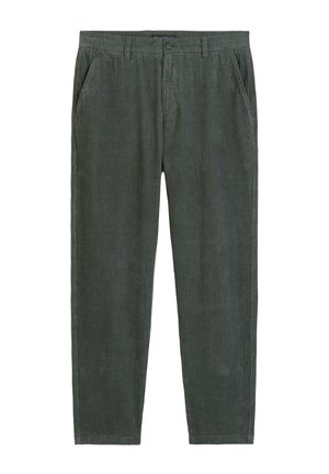 Groene corduroy broek met verticale ribbelstructuur, reguliere pasvorm, zijzakken en een knoopsluiting in de taille.