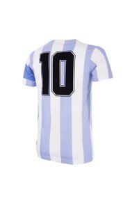 Lichtblauw en wit gestreept shirt met een groot zwart nummer "10" op de achterkant. Gemaakt van zachte stof, met korte mouwen en een ronde hals.