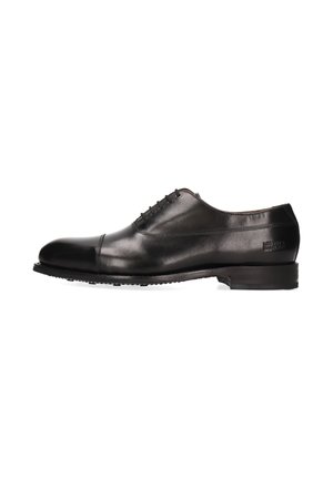 Schwarze Leder-Oxford-Schuhe mit glatter Oberfläche, runder Zehenpartie und fünf Ösen. Verfügt über einen niedrigen Absatz und eine strukturierte Gummisohle für besseren Halt.