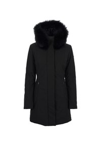 Parka nera con cappuccio foderato in pelliccia, caratterizzata da una vestibilità dritta, tasche con zip e un tessuto liscio e strutturato. Maniche lunghe senza chiusure visibili.