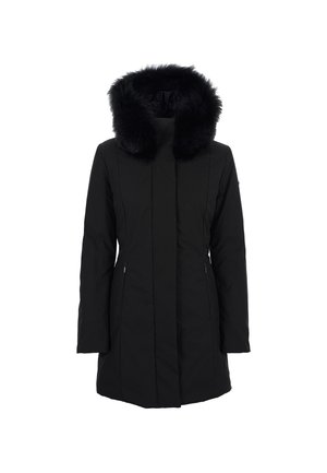 Parka nera con cappuccio foderato in pelliccia, caratterizzata da una vestibilità dritta, tasche con zip e un tessuto liscio e strutturato. Maniche lunghe senza chiusure visibili.