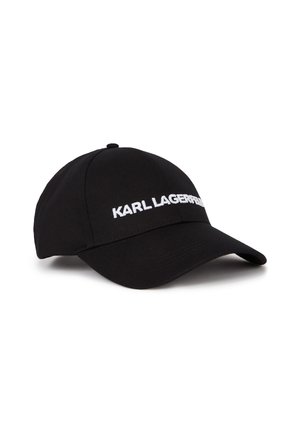 Black baseball cap made of fabric with a curved brim. Features white "KARL LAGERFELD" embroidery on the front. Textured surface.