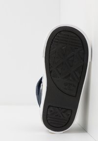 Czarna gumowa podeszwa z wzorzystą fakturą, biała środkowa podeszwa oraz materiałowa cholewka w kolorze niebieskim z żółtymi akcentami. Charakterystyczne oznaczenie "Converse All Star".