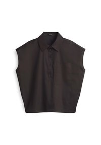 Schwarzes Kurzarmhemd mit Kragen, vorderen Knöpfen und einer Brusttasche; aus glattem Stoff gefertigt und im lässigen Schnitt designt.