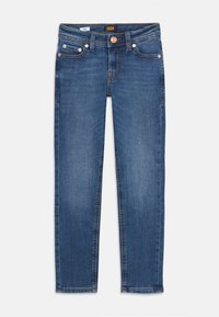Dark blue denim jeans with a straight leg design, five-pocket styling, and copper button hardware, featuring contrasting stitching.