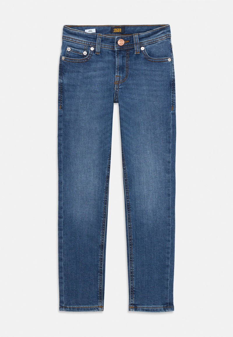 Dark blue denim jeans with a straight leg design, five-pocket styling, and copper button hardware, featuring contrasting stitching.