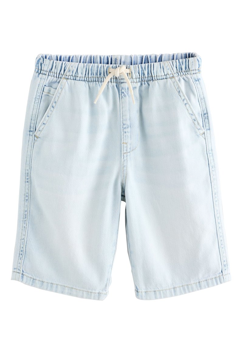 Light blue denim shorts with an elastic waistband, drawstring detail, and two side pockets; smooth texture with visible stitching.