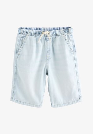 Lyseblå denimshorts med elastisk linning, snøre-detalje og to sidelommer; glat tekstur med synlige syninger.