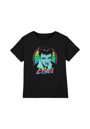 Black t-shirt with colorful retro portrait of a man and stylized text "Elvis" below a circular gradient background.