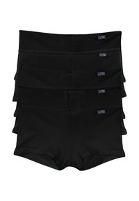 Shorts neri in cotone con una texture liscia, dotati di una ampia fascia in vita elastica e di una piccola etichetta colorata del marchio su ciascuno.