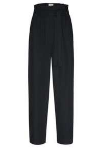 Pantalons noirs taille haute avec ceinture, plis et design à jambes larges en tissu doux. Texture lisse sans motifs.