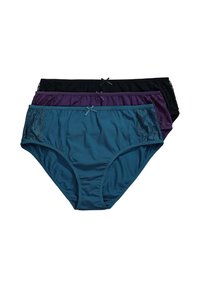Drei Paar Damenunterhosen in Tealfarben, Lila und Schwarz. Mit Spitzenakzenten und Schleifendetails am Bund. Aus weichem, dehnbarem Stoff.
