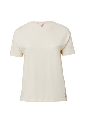 T-shirt couleur crème à manches courtes en coton. Présente un col rond et un petit graphique coloré près de l'ourlet inférieur.