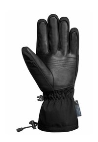 Schwarze isolierte Handschuhe mit Lederhandfläche, textilem Rücken, elastischem Handgelenk und verstellbarem Riemen. Mit horizontalen Nahtakzenten auf der Handfläche.