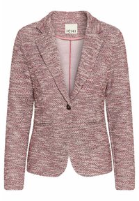 Rot-weißer strukturierter Blazer mit Reverskragen, Ein-Knopf-Verschluss und zwei vorderen Taschen. Weicher Stoff mit taillierter Passform.