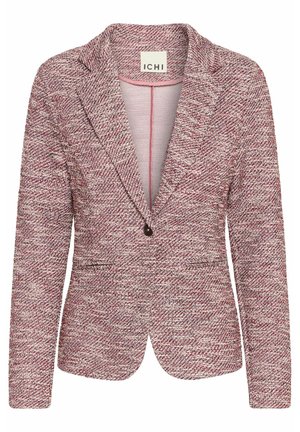 Rood-witte textuur blazer met een notch lapel, enkele knoopsluiting en twee voorzakken. Zachte stof met een getailleerde pasvorm.