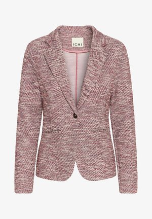 Blazer texturé rouge et blanc avec col cranté, fermeture à un bouton et deux poches avant. Tissu doux avec une coupe ajustée.