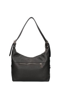 Zwarte leren schoudertas met een gestructureerd oppervlak, gebogen vorm, bovenste ritssluiting en een ritssluiting aan de voorkant. Kenmerkt zilveren hardware accenten.