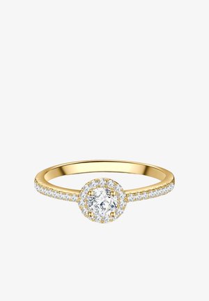 Goldener Ring mit einem zentralen runden Diamanten, umgeben von kleineren Diamanten, und einem Band, das rundherum mit kleinen Diamanten verziert ist.