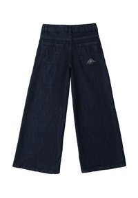 Jeans de mezclilla oscura de pierna ancha con un acabado texturizado, que cuentan con dos bolsillos traseros y un acento en forma de diamante en el bolsillo derecho.