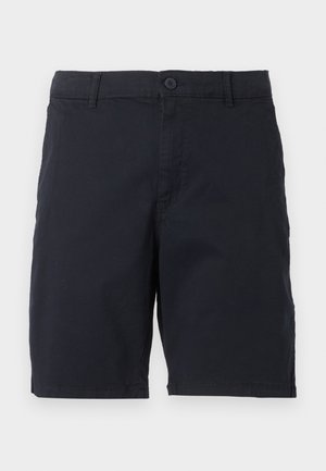 Pantalones cortos negros hasta la rodilla con cierre de botón y cremallera, trabillas para el cinturón y un diseño sencillo y ajustado.