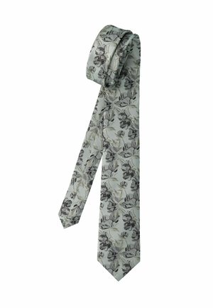 Hellgraue Seidenkrawatte mit floralem Muster in Schwarz- und Beigetönen, teilweise aufgerollt dargestellt, mit hängendem Ende.