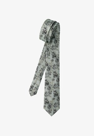 Hellgraue Seidenkrawatte mit floralem Muster in Schwarz- und Beigetönen, teilweise aufgerollt dargestellt, mit hängendem Ende.