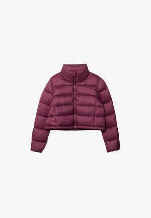 Kürzere Steppjacke in tiefburgunderrot mit hohem Kragen, Reißverschluss und gestepptem Design. Glattes, leichtes Material mit horizontalen Paneelen.