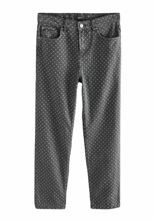 Vaqueros gris oscuro con pequeños lunares blancos, que cuentan con un diseño estándar de cinco bolsillos, cierre frontal con cremallera y costuras de contraste.