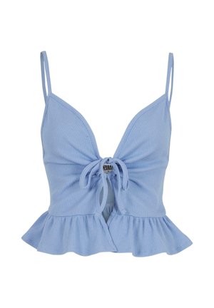 Világoskék, cropped pamut felső, bordázott textúrával, hangsúlyos V-kivágással, megkötős elülső záródással és fodros peplum szegéllyel. Vékony, állítható pántokkal.