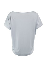Light gray, short-sleeved t-shirt with a wide neckline and relaxed fit. Soft fabric, rounded hem, and smooth texture. Rear view displayed.