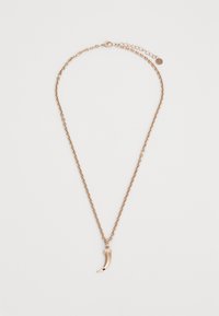Kette aus goldenem Metall mit einem Halbmond-Anhänger. Die Kette hat ein zartes Gliederdesign und einen verstellbaren Verschluss.