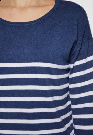 Pull bleu marine avec des rayures horizontales blanches, doté d'un col rond et d'un tissu tricoté texturé. Gros plan sur la partie supérieure.