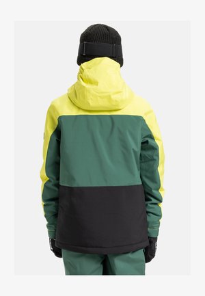 Persona che indossa un giubbotto a blocchi di colore con cappuccio e spalle gialle, parte centrale verde, parte inferiore nera e guanti neri, vista di spalle.