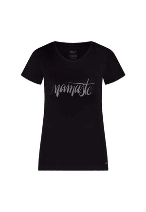 T-shirt en coton noir à manches courtes et design ajusté. Caractérisé par le mot "namaste" en texte gris en cursive sur la poitrine. Texture douce.